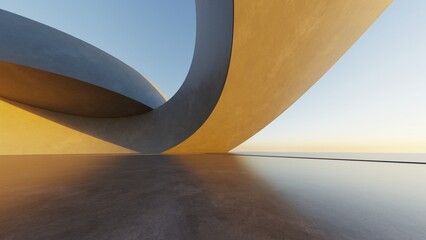 Abstract curved architecture background, Empty exterior space with concrete floor, Futuristic modern building for car presentation backdrop, 3d rendering