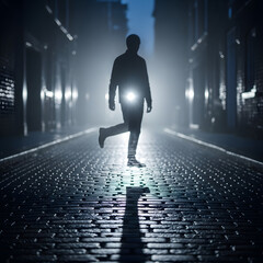 Obraz premium Mysterious silhouette walks through foggy urban street at night