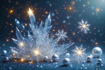 Shimmering crystal snowflakes and glowing winter decorations on a dark festive background with sparkling bokeh lights and magical frosty atmosphere