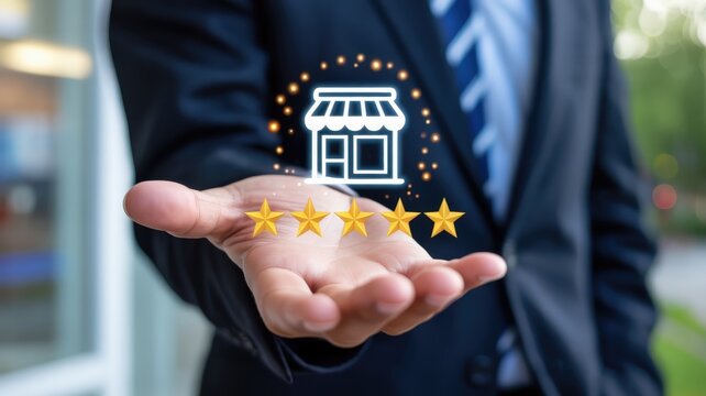 Business professional displays glowing store icon and four golden stars above an open palm - Powered by Adobe