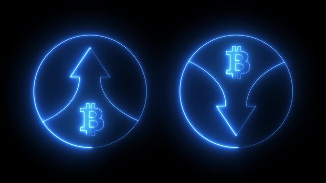 neon bitcoin with arrows up and down icon. bitcoin price increase and decrease. bitcoin rate up and down. creating a dynamic representation of Cryptocurrency Market fluctuations or profit and loss.
