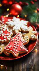 Christmas Iced Cookies on Festive Red Plate