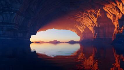 Sunrise view from inside a sea cave over water