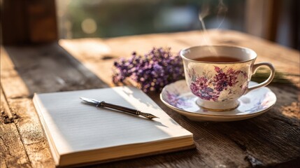 Vintage Tea Cup And Notebook On Wooden Table