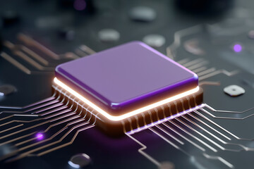 A microchip or processor mounted on a printed circuit board. Futuristic style. Concept of digital energy, precision, and reliability.