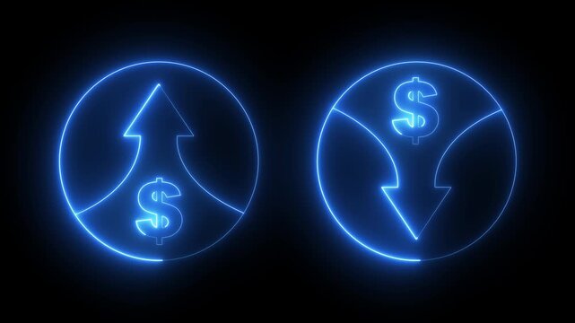 neon dollar sign with arrows up and down icon. dollar increase and cost arrow icon. Dollar increase and decrease. creating a dynamic representation of market fluctuations or profit and loss.