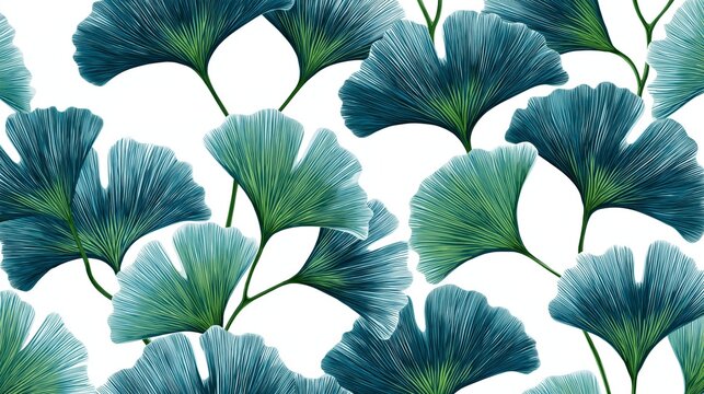 Beautiful ginkgo leaf pattern in shades of blue and green on white background