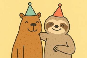 Obraz premium Friendly Celebration: A cheerful brown bear and a gentle sloth stand side-by-side, each adorned with festive party hats, embodying friendship and joy