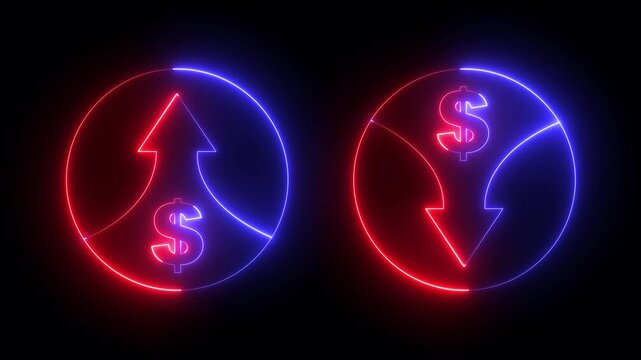 neon dollar sign with arrows up and down icon. dollar increase and cost arrow icon. Dollar increase and decrease. creating a dynamic representation of market fluctuations or profit and loss.