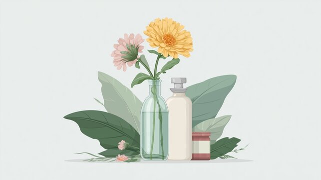 Colorful flowers and natural products arranged with soft green leaves in a serene setting
