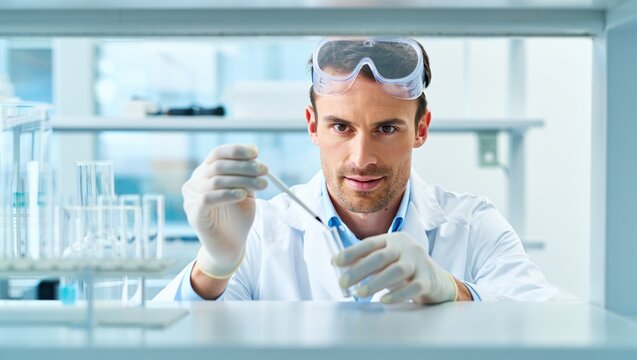 Laboratory researcher carefully dispenses liquid using a precision pipette - Powered by Adobe