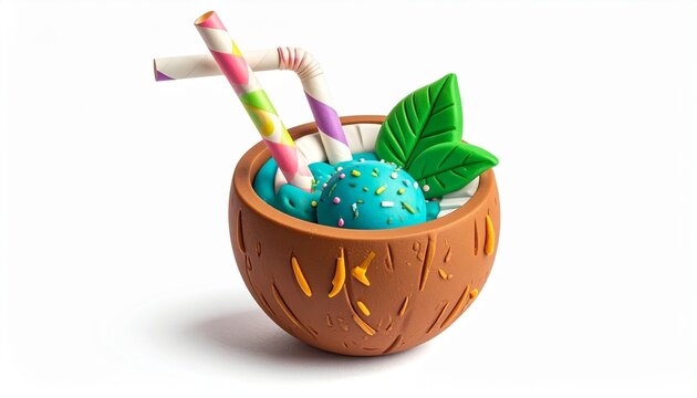 Colorful clay dessert in a coconut bowl with straws displaying cheerful and creative craftsmanship in a studio setting