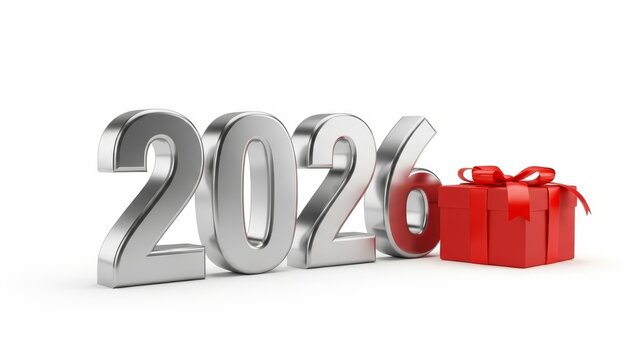 A 3D render of the year 2026 with shiny metallic silver numbers, where the '6' is replaced by a vibrant red gift box. Represents new year, celebrations, and festive greetings. - Powered by Adobe