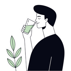 Man drinking water with a refreshing and content expression