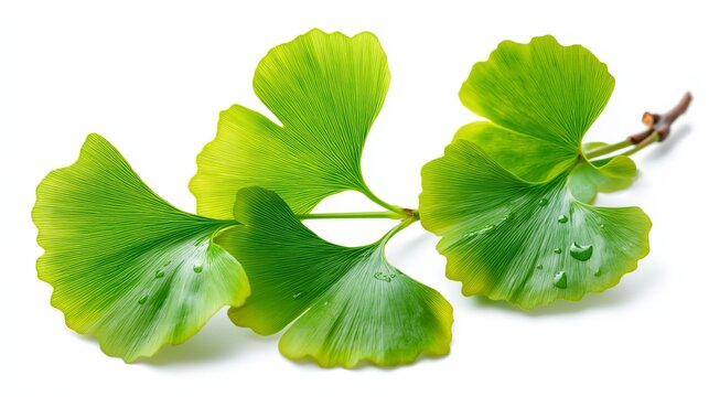 Bright green ginkgo leaves with droplets resting on them in a close-up view