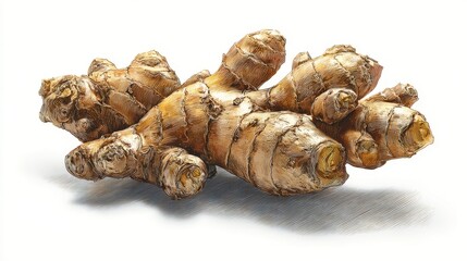 Fresh ginger roots displayed on a white background showcasing their texture and natural color