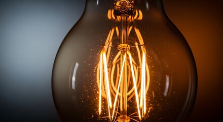 Close-up glowing vintage light bulb, showcasing its warm illumination and design creating an