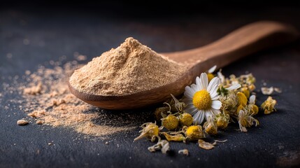 Natural chamomile powder with dried flowers on a wooden spoon against dark background