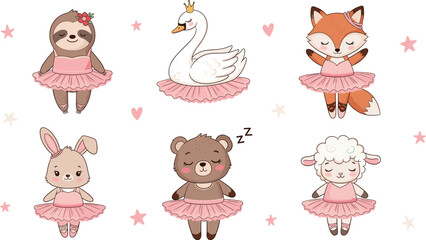 Naklejka premium Adorable Vector Set of Cute Animals Dressed as Ballerinas, Including a Swan, Sloth, Fox, Rabbit, Bear, and Sheep Wearing Pink Tutus, Perfect for Baby Shower and Nursery Design