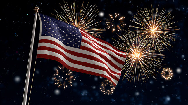 United States of America flag waving with fireworks on night sky background 