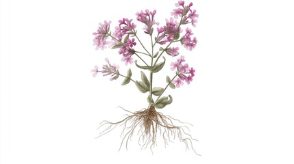 Pink flowering plant with detailed root system displayed in artistic style