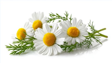 Beautiful white daisies with bright yellow centers resting on green leaves