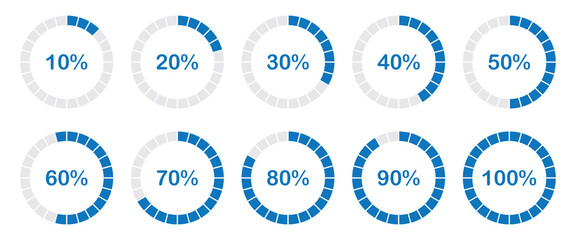 Infographics elements. Percentage round diagrams icons for infographics from 0 to 100 percent. Colour fill divided pie charts indicators in green, grey. Circle graph loading progress mockup.