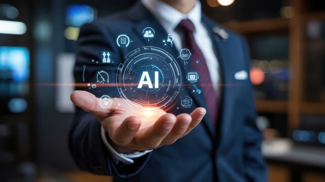 Businessman presents advanced artificial intelligence interface hovering over his open palm