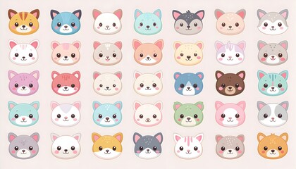 Adorable Collection of Cute Kawaii Cat Faces in Various Colors and Patterns.