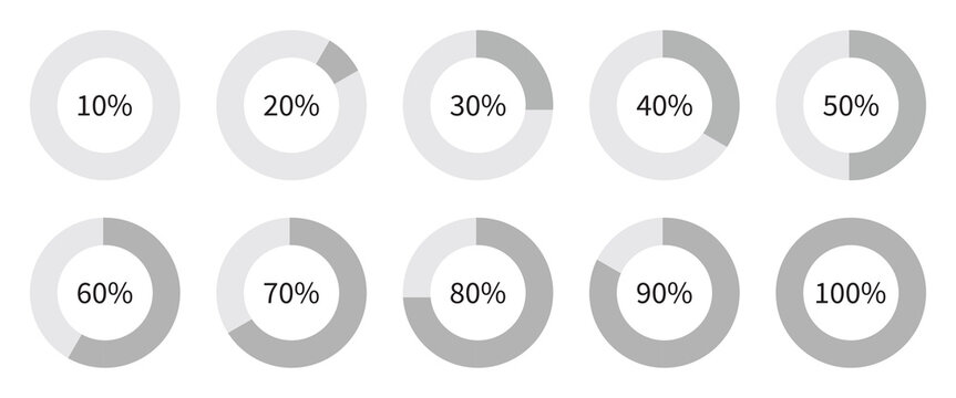 Set of round colorful infographic pie charts, template segment of circle icons 0% - 100%, simple flat design loading data interface elements app button ui ux web, vector isolated on white background