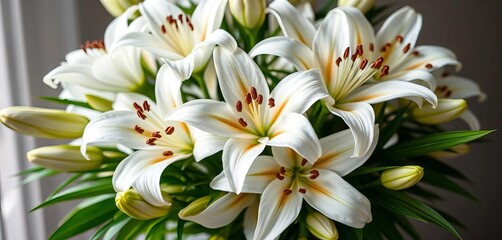 Elegant bouquet of pristine white lilies, lush and full, blossom, elegant