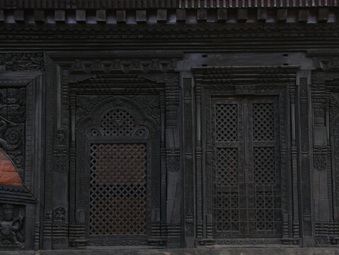 Black colored windows Architecture and Design of  Temple from Bhaktapur Durbar Square, UNESCO world heritage site Nepal.