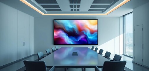 Sleek minimalist conference room with large screen and modern furniture, meeting room, technology