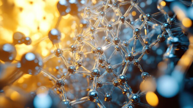 Molecular self-assembly in action, countless tiny, geometric components in a liquid solution spontaneously connecting to form a perfect, complex, crystalline superstructure, electron microscope style,