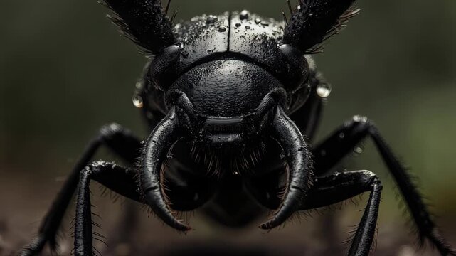 Close-up of a wet, black insect with segmented body and fine hairs
