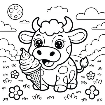 Black and white line art coloring page of a cute cow holding an ice cream cone sweet