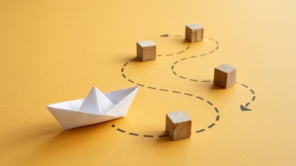 Paper boat follows a winding dashed path around wooden blocks on a bright yellow surface