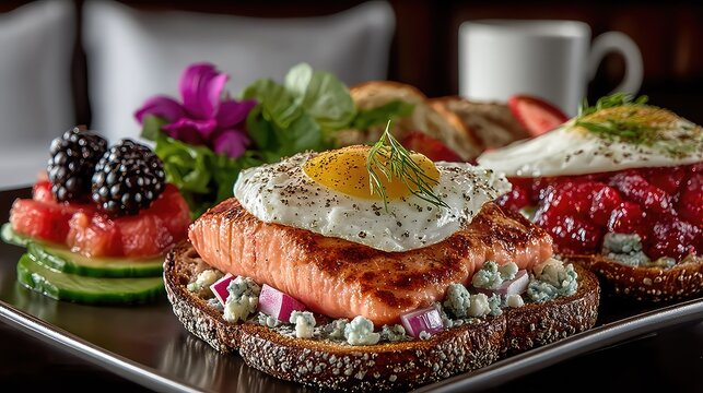 person enjoying a gourmet breakfast in bed, luxurious morning, comfort and indulgence. 