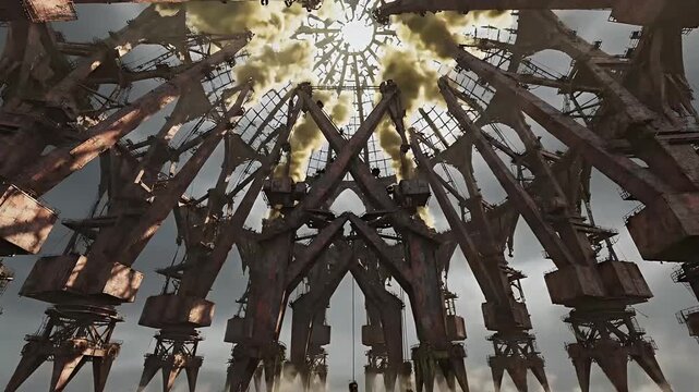 Dystopian Industrial Complex with Massive Rusty Cranes, Polluted Water, and Rising Smoke