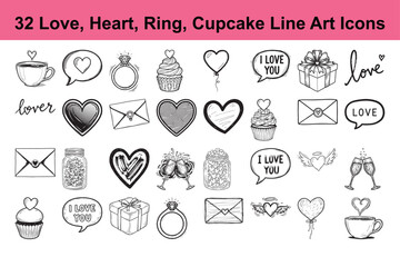 Set of 32 love, heart, ring, cupcake line art icons ideal for romance related designs with valentines day and friendship themes