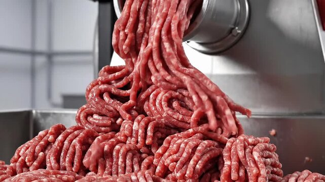 Processing of technologies in Food industry: Close-up of a large meat grinder extruding fresh raw minced meat.