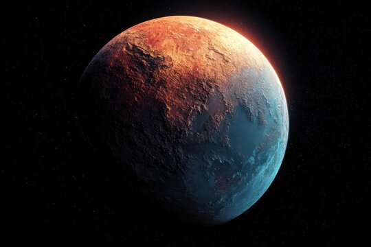 Mysterious alien planet with glowing atmosphere and textured surface illuminated by distant star in deep space - Powered by Adobe