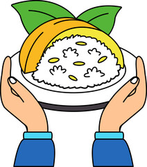 two hand holding a thai mango sticky rice