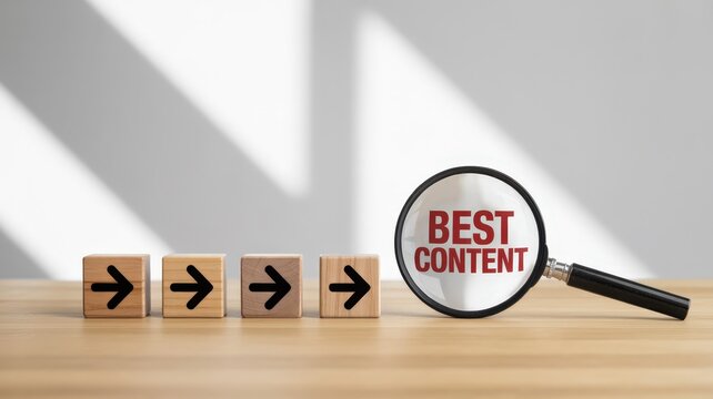 Magnifying glass focuses on the words best content next to a line of wooden blocks with directional arrows