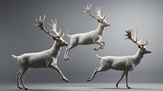Three majestic white deer with large antlers running and leaping in slow motion against a minimalist grey studio background. Seamless loop 3D animation.