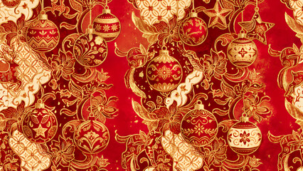 Indonesian batik textile patterns are combined with festive Christmas ornaments, a rich red and gold palette, a seamless background design, and a blend of cultures.