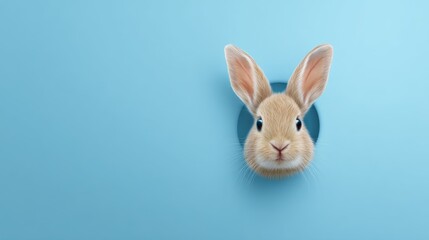 Obraz premium Close up of a small brown rabbit peering through a hole in a bright blue surface