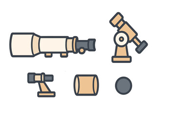Detailed set of astronomy telescope components and optical viewing equipment