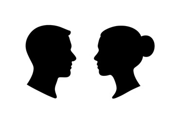Black silhouettes of male and female head profiles facing each other