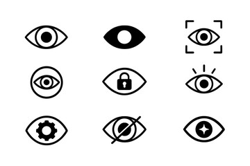 Eye icons representing visibility, security, view, hide, focus, settings, and privacy concepts